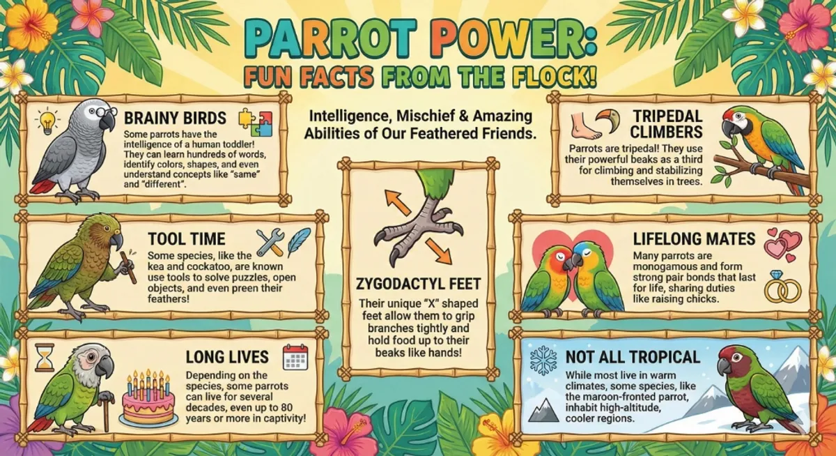 Parrot Power Infographic: Fun facts about intelligence, tool use, climbing, feet, mating, and habitats of parrots